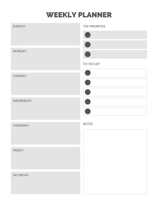 Weekly planner with sections for top priorities, to-do list, and notes.
