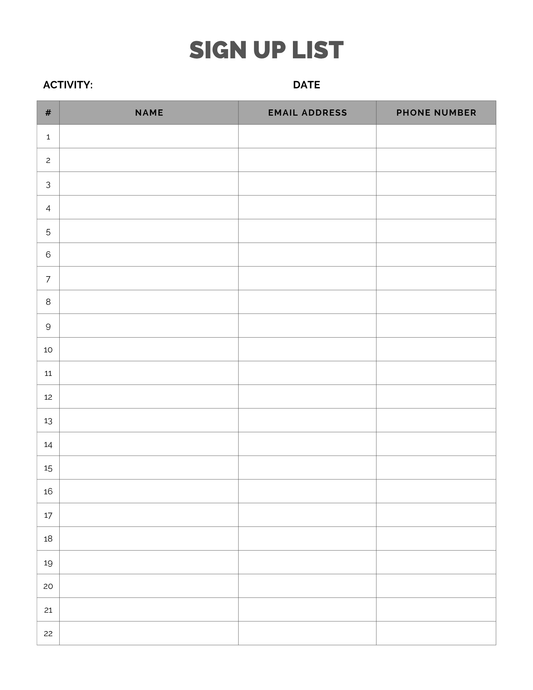 Sign Up List | 1-Page Productivity Sheet | Printable + Digital Download