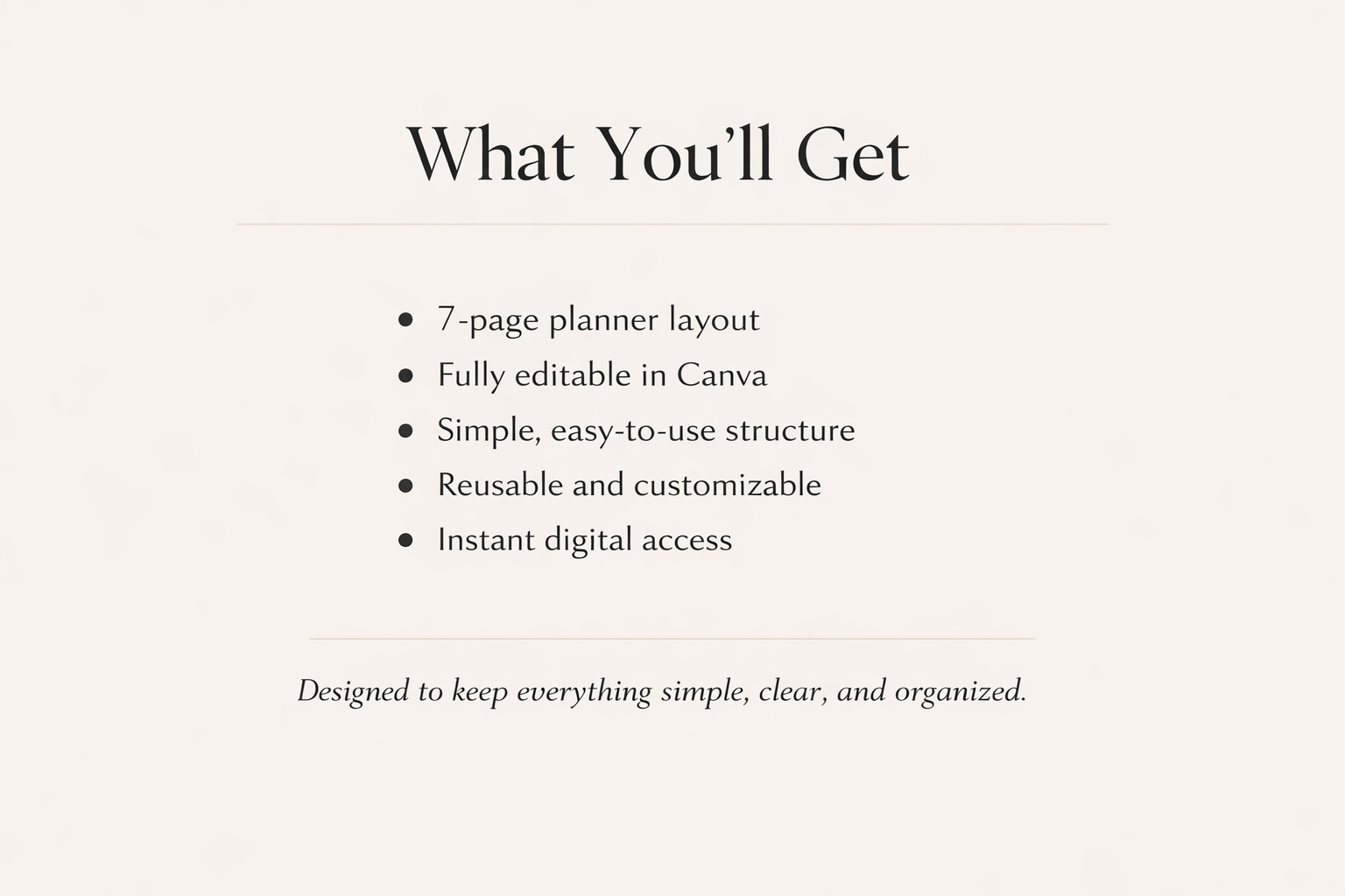 Text listing features of a 7-page planner layout with Canva editing capabilities on a white background.