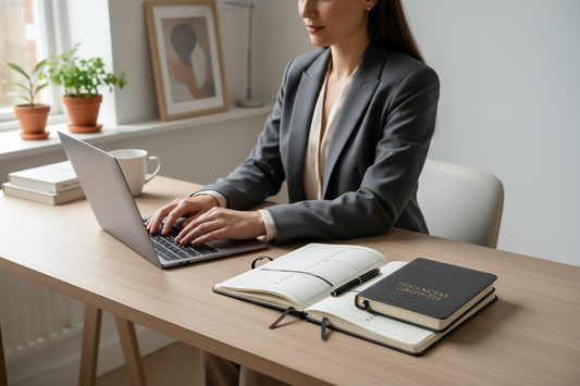 Person at computer with 10-page budget planner