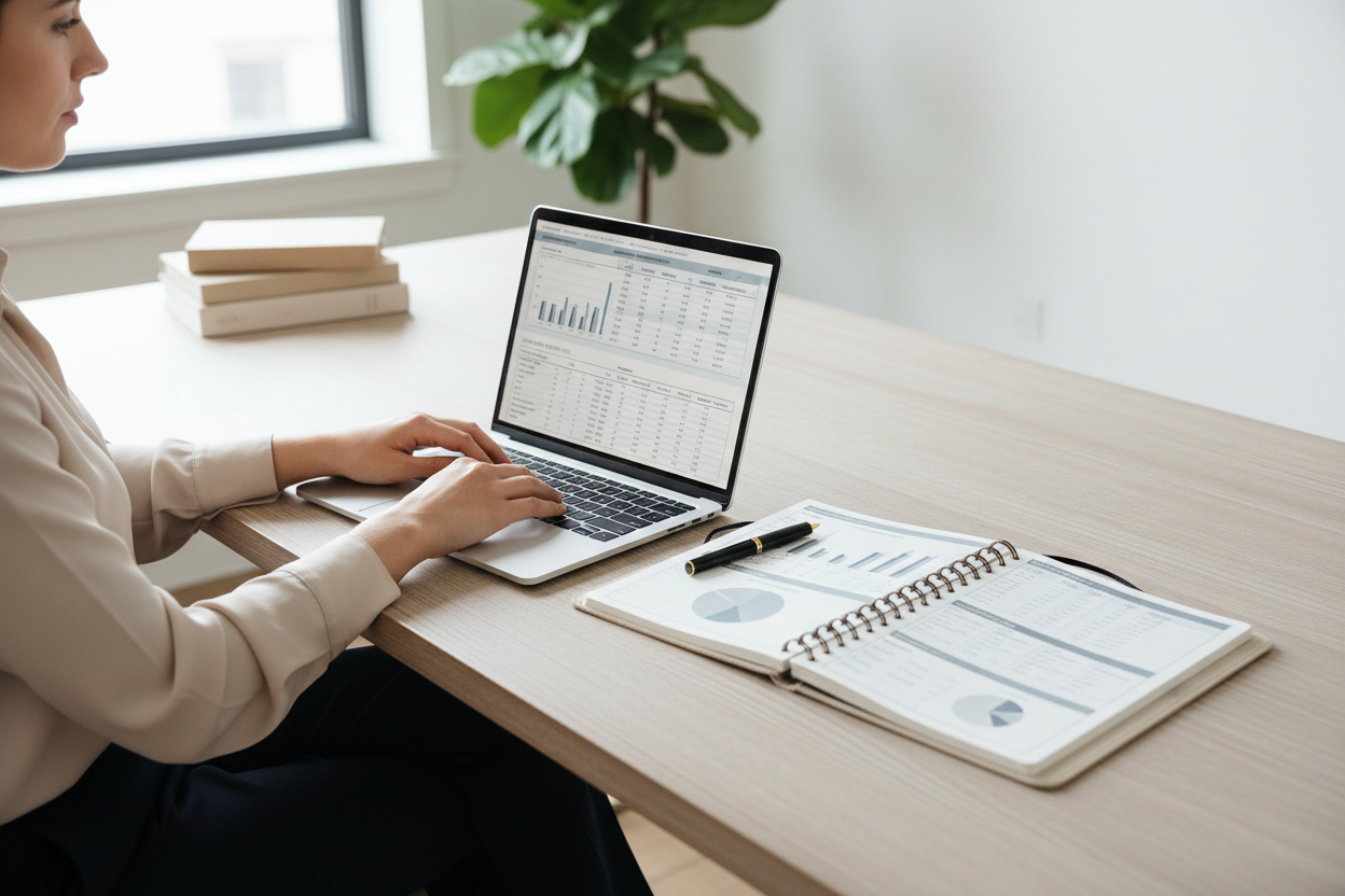 Person at computer with budget planner